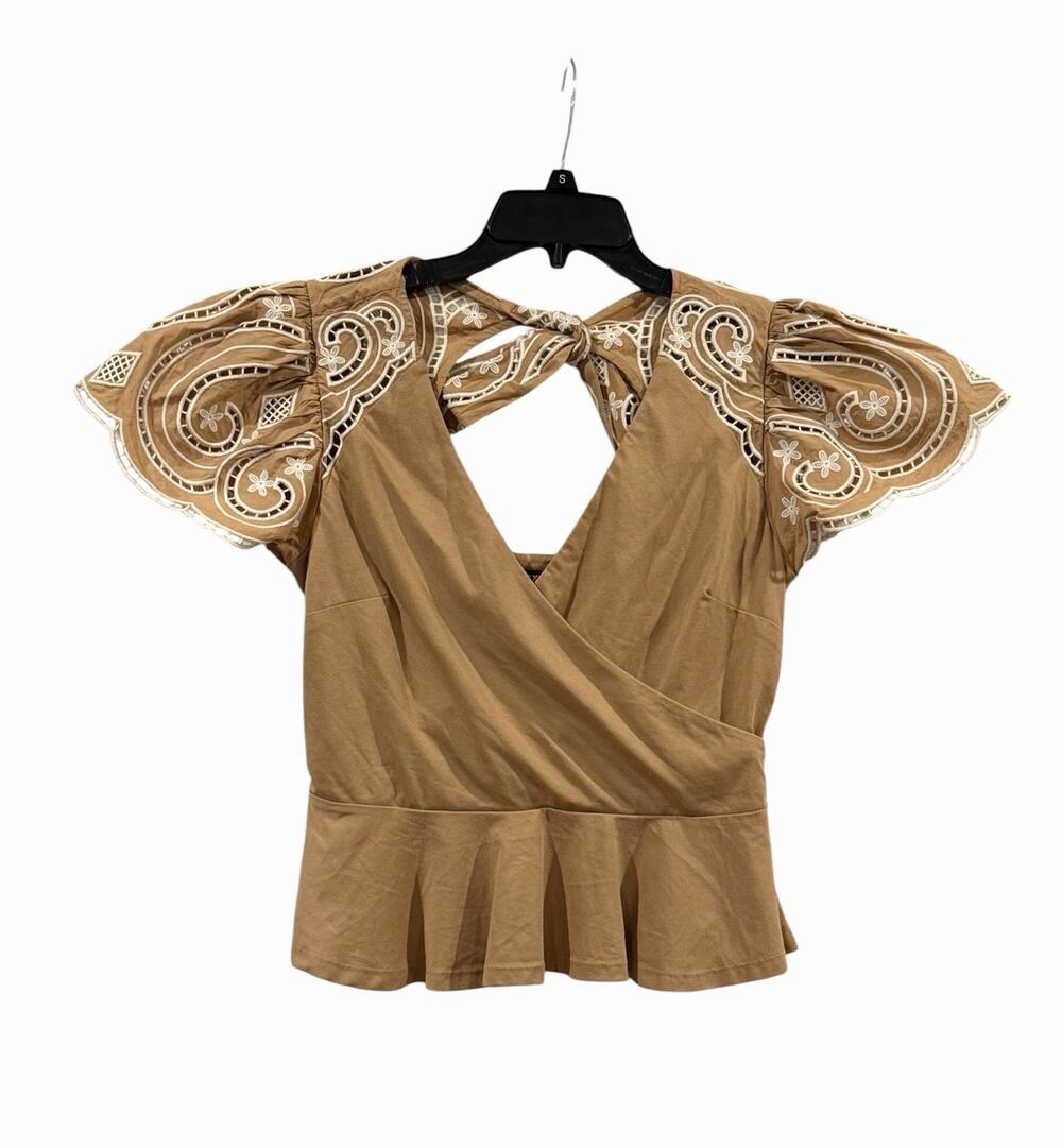 Express Pecan Top White Embroidery Faux Wrap Flutter Sleeve Women’s S Boho Chic